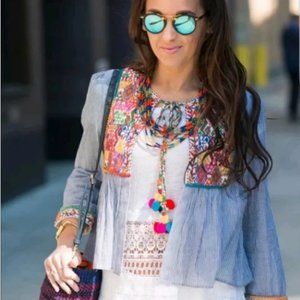 Zara Boho Embroidered Striped Tassle Shrug Cardigan Size XS